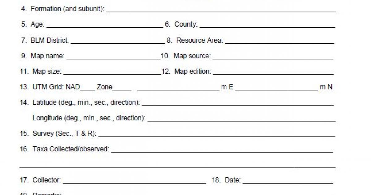 Paleontology Locality Form H82701 Bureau of Land Management